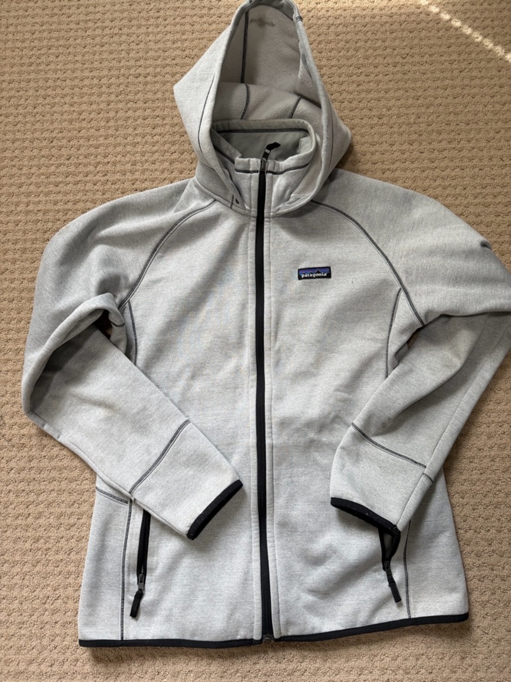 Patagonia Light Gray Hooded Full-Zip Jacket with Black Trim
